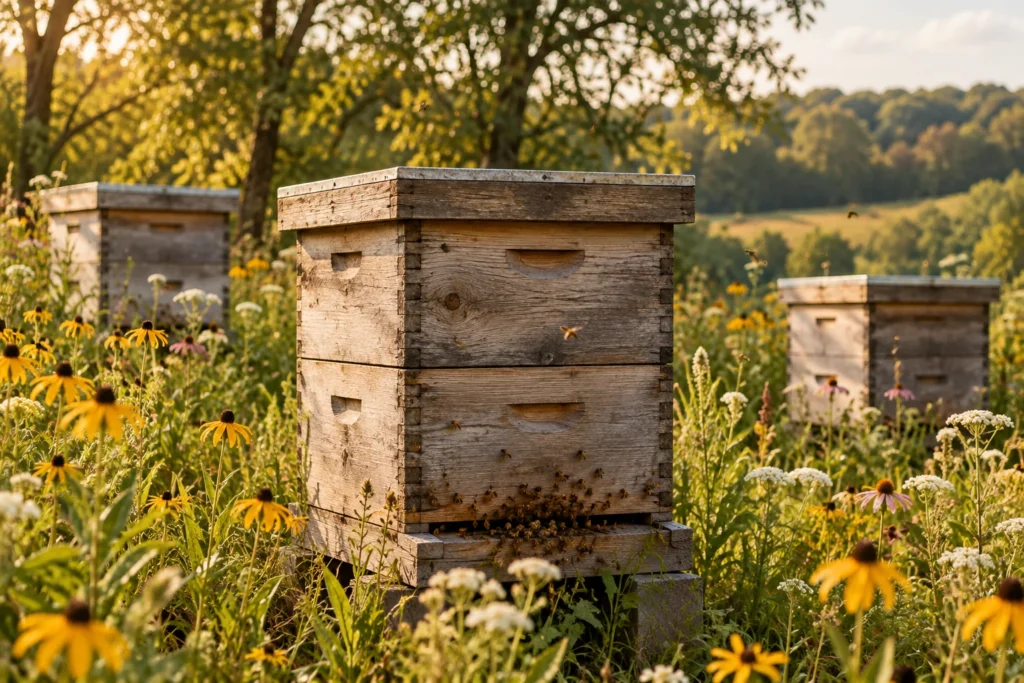 Illustration of wooden beehives in a flowering meadow